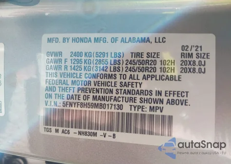 2021 Honda Passport Awd Ex-L из США, поврежденный, VIN 5FNYF8H59MB017130
